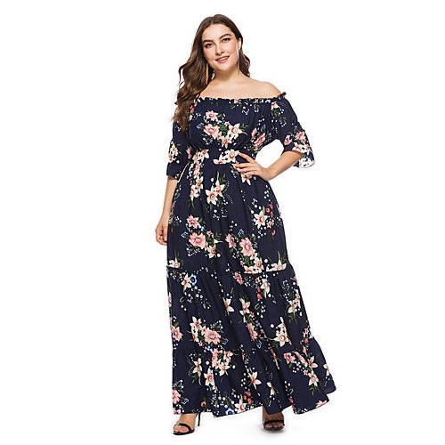 Women mature, elegant Puff swing dress, printing
